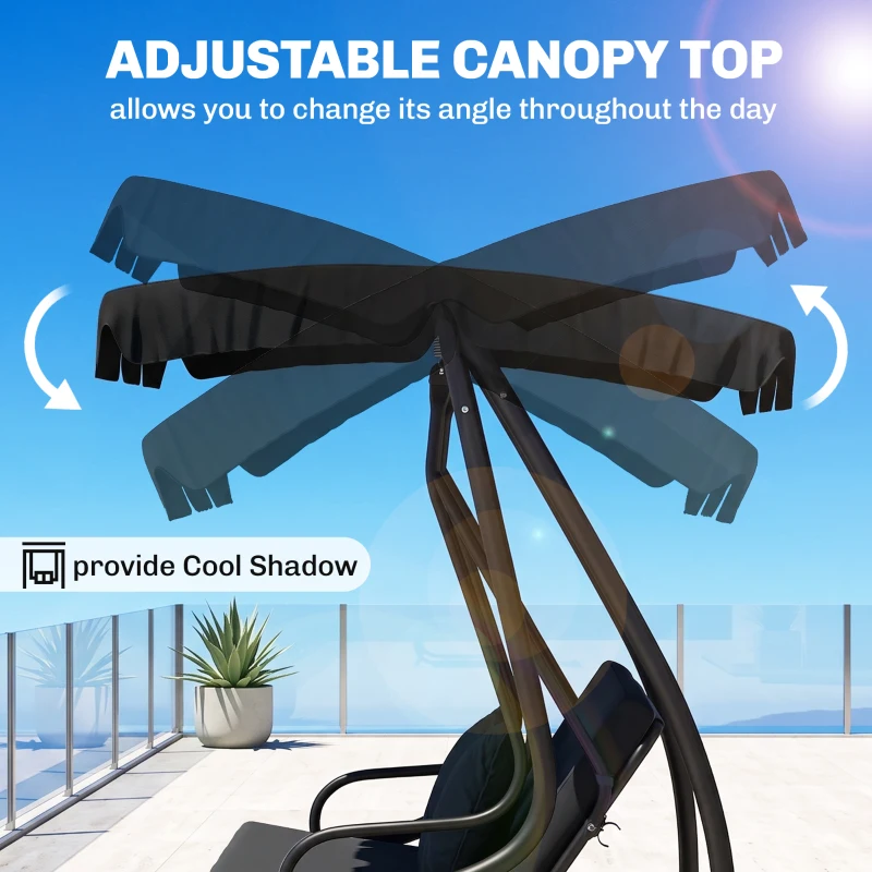 Outsunny 3-Seat Outdoor Patio Swing Chair, Converting Flatbed, Outdoor Swing Glider with Adjustable Canopy, Black