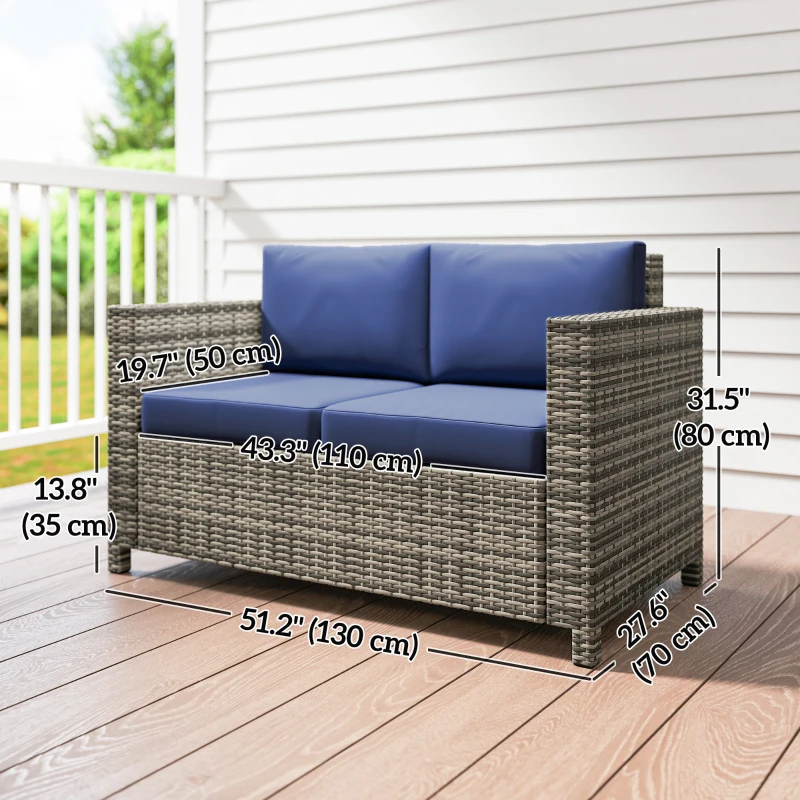 Outsunny Wicker Outdoor Sofa, All Weather Patio Couch Loveseat with Cushions for Balcony, Deck, Garden, Poolside, Dark Blue