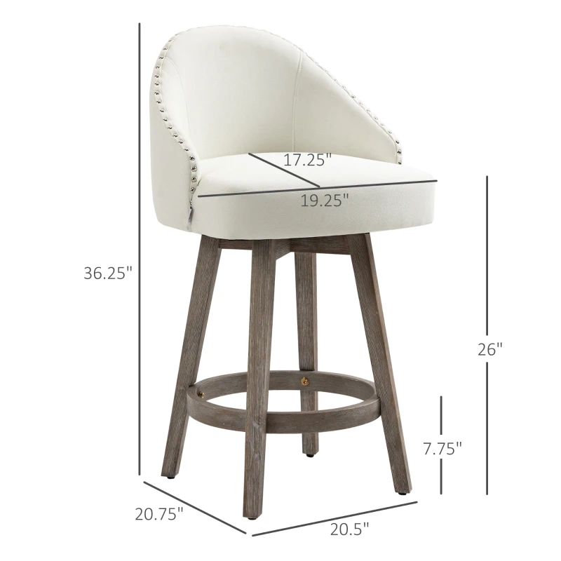 HOMCOM 26" Counter Height Bar Stools, Linen Fabric Kitchen Stools with Nailhead Trim, Rubber Wood Legs and Footrest for Dining Room, Counter, Pub, Set of 4, Cream White