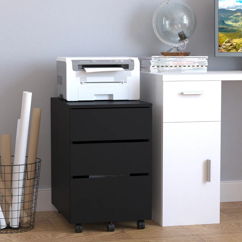 HOMCOM 3 Drawer Storage Cabinet, Mobile Desk Cabinet Under Desk with Wheels, Printer Stand for Home Office, Black