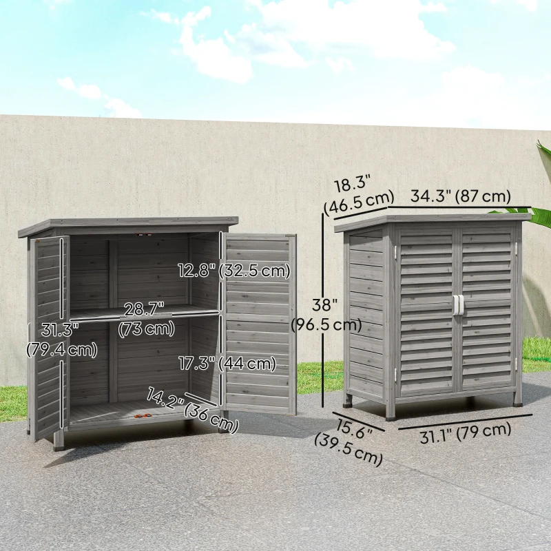 Outsunny Wooden Garden Storage Shed Kit Wood Garage Tool Organisation Cabinet with 2 Door , 34" x 18" x 38", Grey
