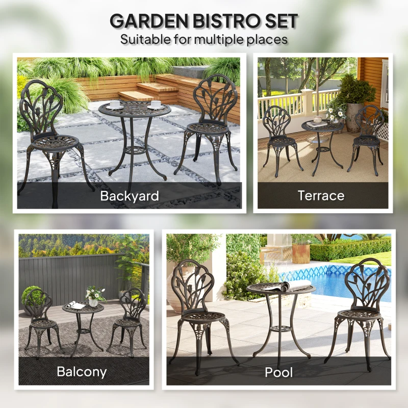Outsunny 3PCs Patio Bistro Set, Outdoor Cast Aluminum Garden Table and Chairs with Umbrella Hole for Balcony, Bronze