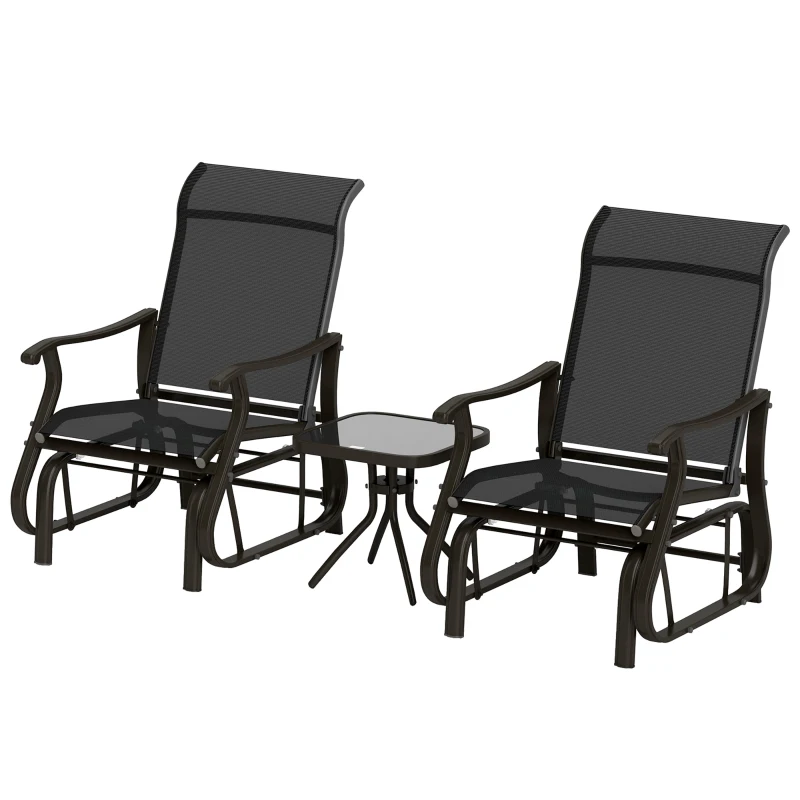 Outsunny 3PCs Gliding Rocking Chair & Bistro Tea Table Set, Black