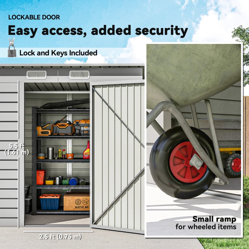 Outsunny 6 x 4FT Galvanized Garden Storage Shed, Metal Outdoor Shed with Double Doors and 2 Vents, Light Grey