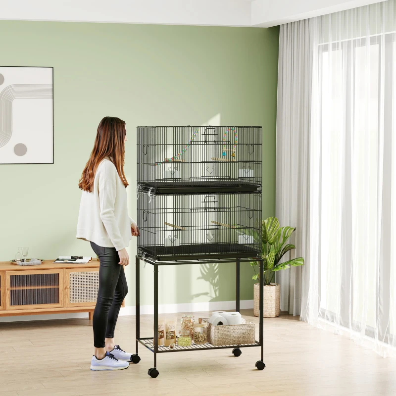 PawHut Double Stackable Bird Cage on Wheels w/ Stand, for Canaries