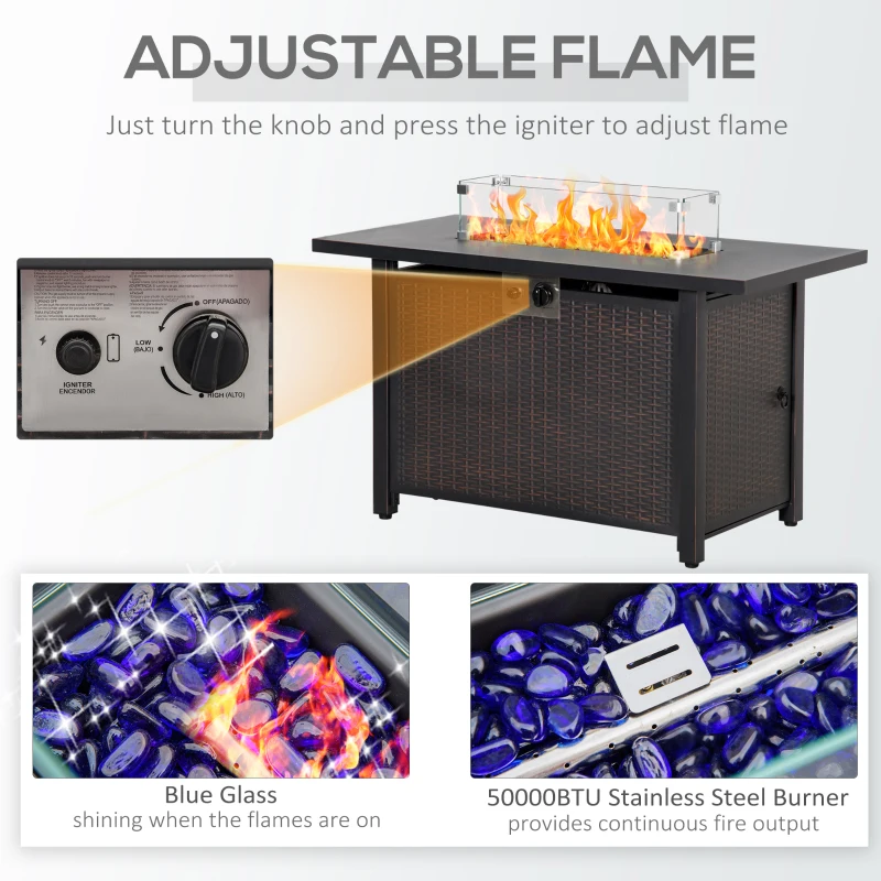 Outsunny 43" Outdoor Propane Gas Fire Pit Table, Wicker Patio Gas Firepit w/ Glass Wind Guard, 50,000 BTU CSA Certified Bronze