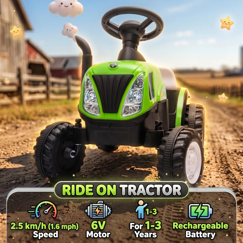 Qaba 2 in 1 Kids Ride On Tractor, 6V Electric Vehicle with Detachable Trailer, Music, Horn, Lights for Ages 1-3 Years, Green