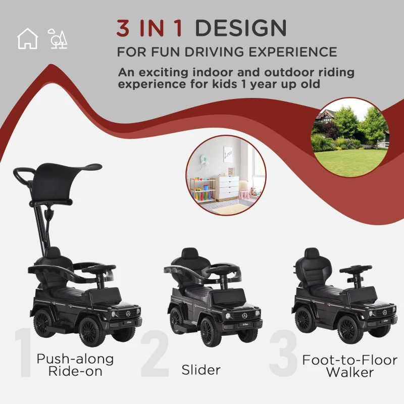 Aosom Mercedes-Benz G350 Licensed Push Car, 3-in-1 Toddler Sliding Car with Horn, Steering, Foot Rest, Seat Storage, Black