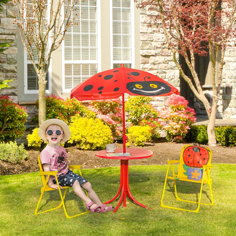 Outsunny Kids Table and Chair Set, Outdoor Folding Garden Furniture, Picnic Table for Patio Backyard, with Removable & Height Adjustable Sun Umbrella, Red