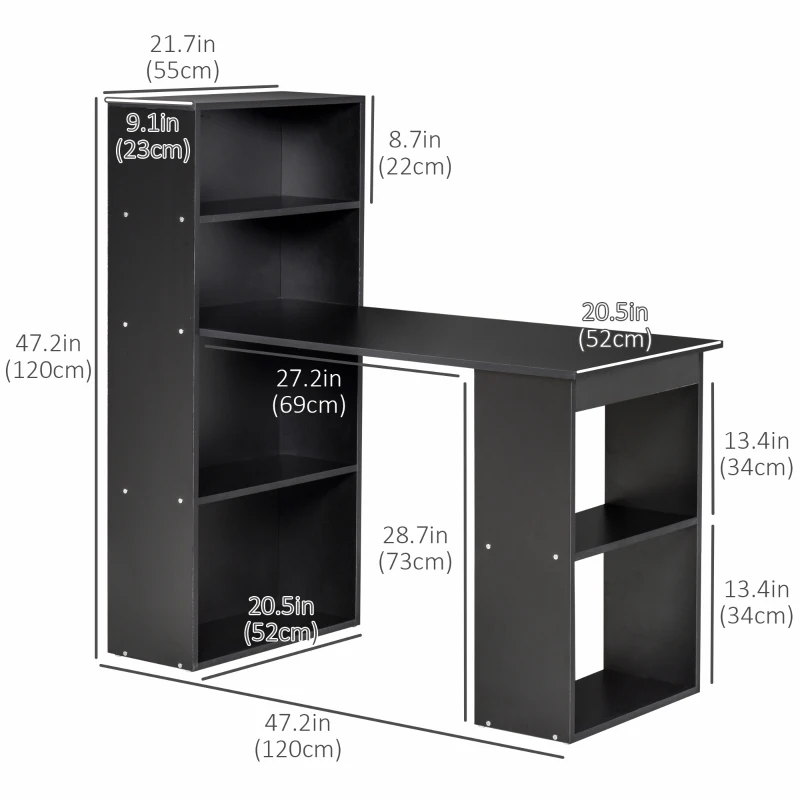 HOMCOM Modern Computer Desk with Storage Shelves, 47" Writing Table Workstation with Bookshelf for Home Office, Black