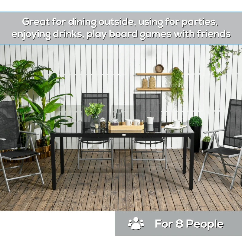 Outsunny Rectangular Outdoor Dining Table for 8 People with Tempered Glass Top and Aluminum Frame, Black 70.9" x 31.5" x 28.3"