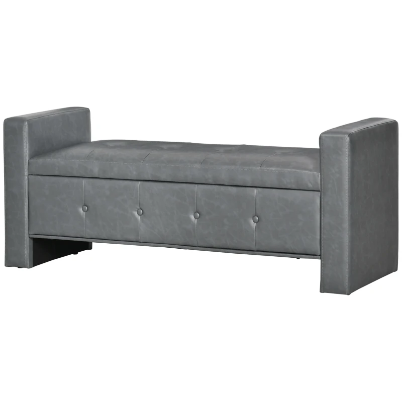 HOMCOM Storage Ottoman Bench with Soft Closing Hinged Lid, Faux Leather Upholstered Bench with Button Tufted Design and Armrests for Living Room, Gray