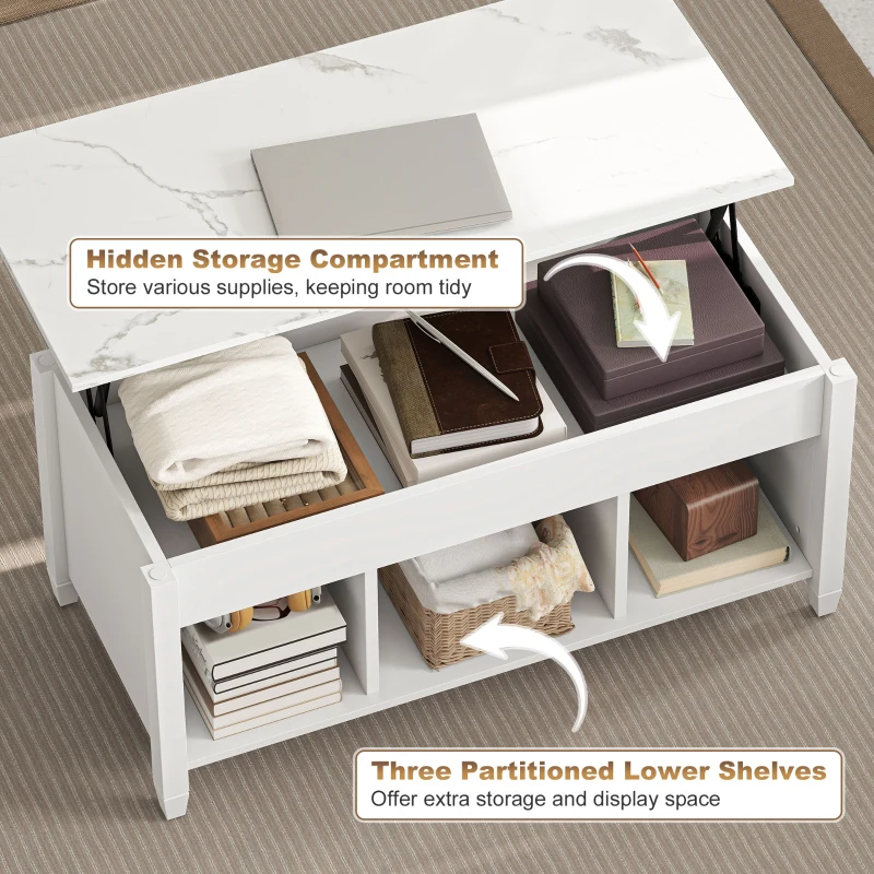 HOMCOM Lift Top Coffee Table, Modern Center Table with Storage Shelves and Hidden Compartment for Living Room, 41" L, White
