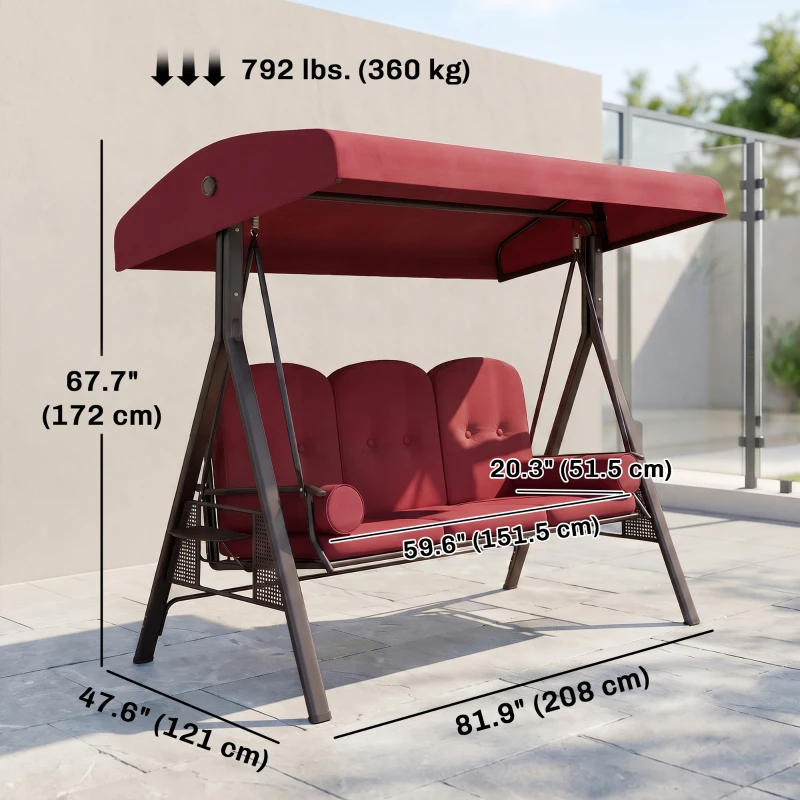 Outsunny Outdoor Patio 3-Person Steel Canopy Cushioned Seat Bench Swing with Included Side Trays & Padded Comfort, Wine Red