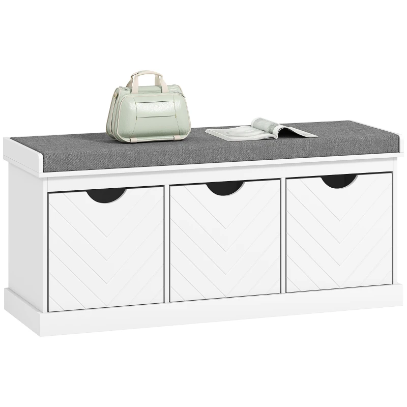 HOMCOM Shoe Storage Bench, Linen-Look Entryway Bench with 3 Removable Drawers and Padded Seat Cushion for Hallway, White