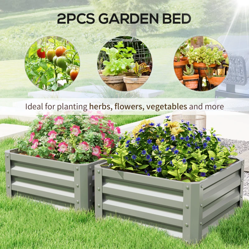 Outsunny Galvanized Raised Garden Beds, Outdoor Planter Box, Set of 2, for Flowers, Herbs and Vegetables, Light Grey