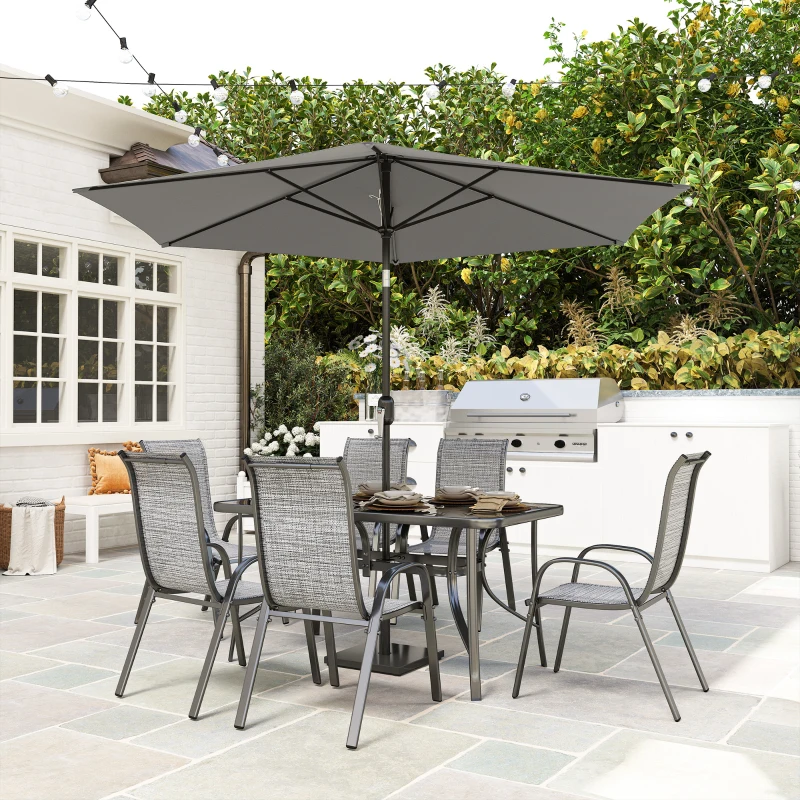 Outsunny 8 Pieces Patio Furniture Set with 9Ft Patio Umbrella, Outdoor Dining Table and Chairs, Mixed Gray