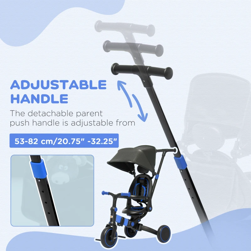 Qaba 3-in-1 Toddler Trike, Push Tricycle, & Balance Bike with Adjustable Settings, Toddler Push Bike, Blue