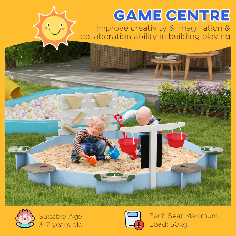 Outsunny Wooden Sandbox for 3-7 Years, 85" x 85" x 25", Blue
