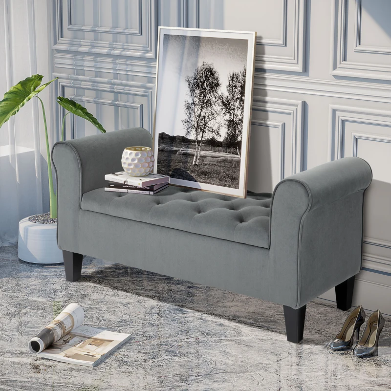 HOMCOM Button-Tufted Storage Ottoman Bench, Upholstered Bench with Rolled Armrests for Living Room or Hallway, Gray