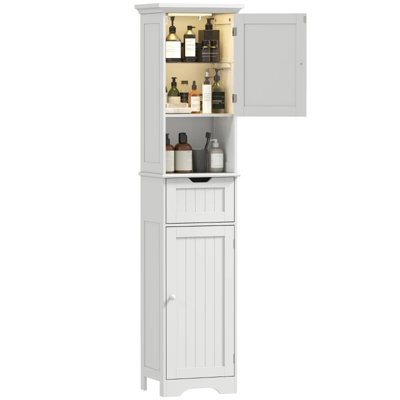 HOMCOM 67" Tall Bathroom Storage Cabinet, Narrow Bathroom Cabinet with LED Light, Adjustable Shelf, Open Compartment, Drawer