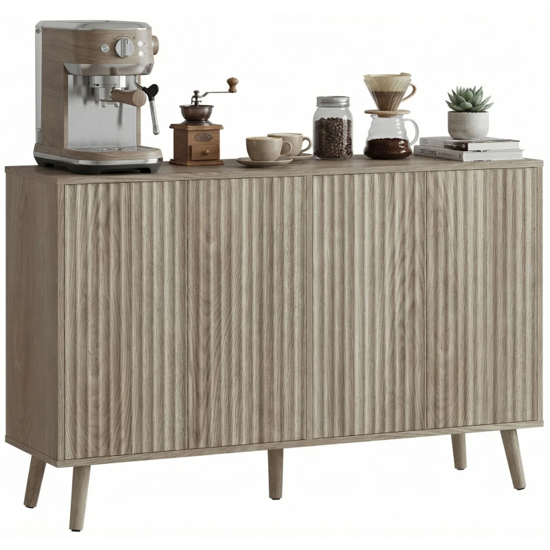 HOMCOM Buffet Cabinet with Storage, Modern Fluted Sideboard with Adjustable Shelves for Dining Room Living Room, Light Grey