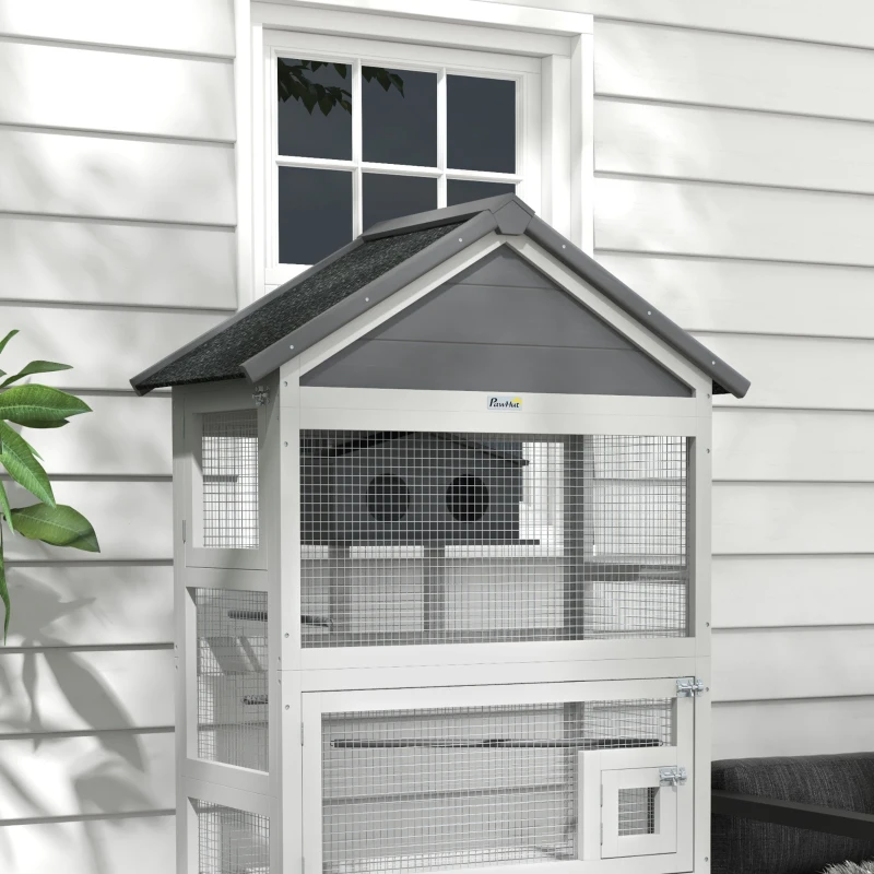 PawHut Wooden Bird Aviary with Slide-Out Tray, Birdhouse, Ladder, Perches for Finches, Parakeets, Gray