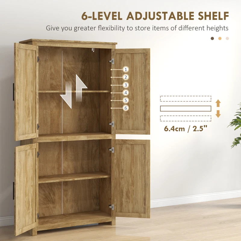 HOMCOM 64" Kitchen Pantry, Tall Storage Cabinet with 4 Rattan Doors, 4 Tier Shelves and Adjustable Shelf, Natural