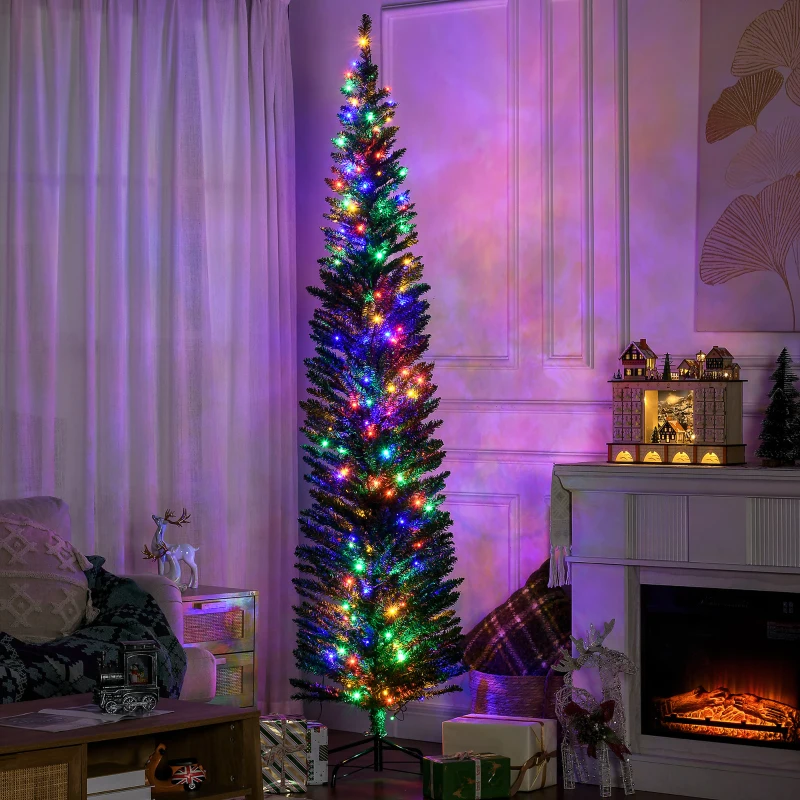 HOMCOM 7.5' Artificial Pencil Christmas Trees Holiday Decoration with Colourful LED Lights, Steel Base, Skinny Shape
