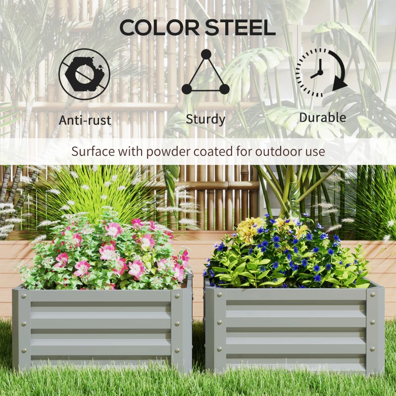 Outsunny Galvanized Raised Garden Beds, Outdoor Planter Box, Set of 2, for Flowers, Herbs and Vegetables, Light Grey