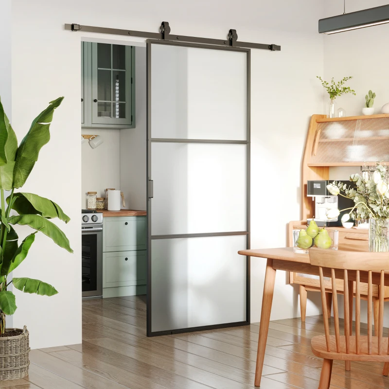 HOMCOM 36" x 84" Sliding Door with Hardware Kit, Handle, & Track, Frosted Tempered Glass Door, Easy Installation