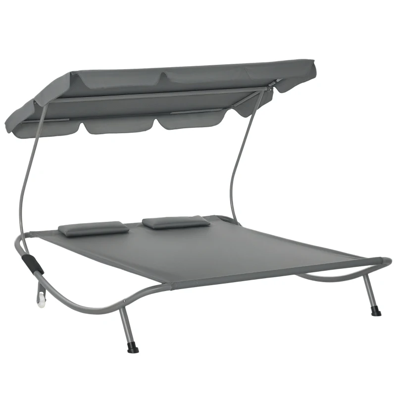 Outsunny Double Patio Lounger with Adjustable Canopy, Outdoor Daybed Hammock Lounger with Headrest Pillows, Two Moving Wheels for Poolside, Garden, Grey