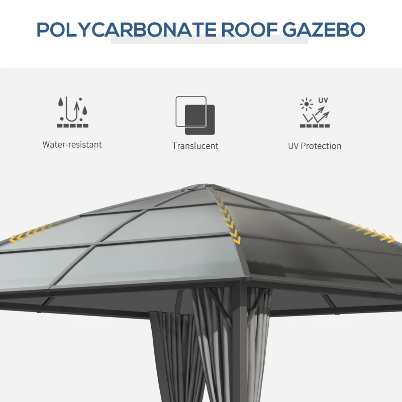 Outsunny 10' x 10' Outdoor Hardtop Gazebo Canopy with UV60+ Polycarbonate Roof, Steel Frame, Central Hook, Curtains, Dark Grey