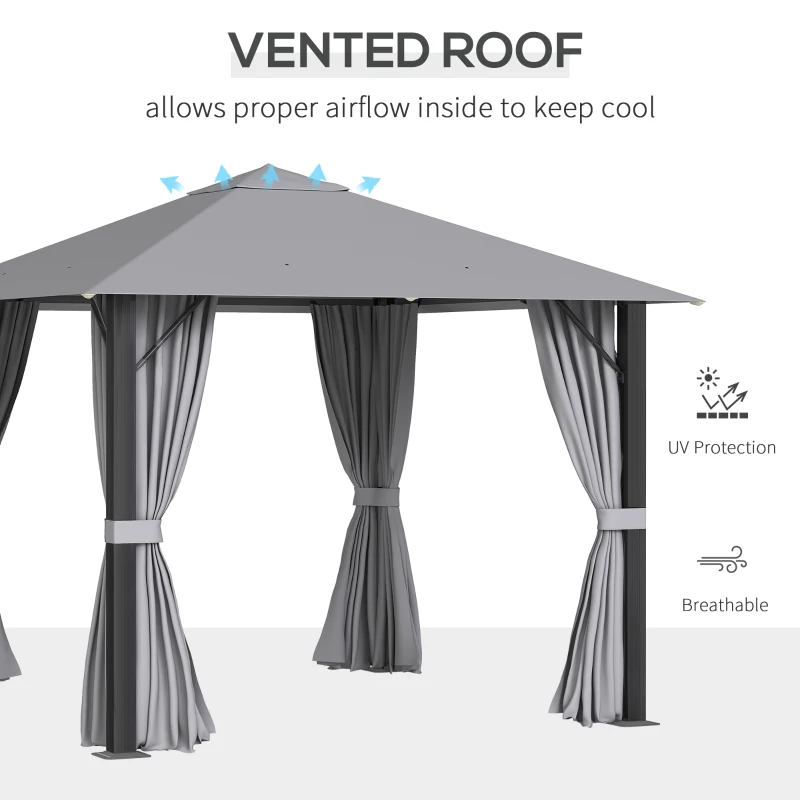 Outsunny 10' x 10' Patio Gazebo Outdoor Aluminum Frame Canopy Shelter with Curtains, Vented Roof for Garden, Lawn, Backyard and Deck, Grey
