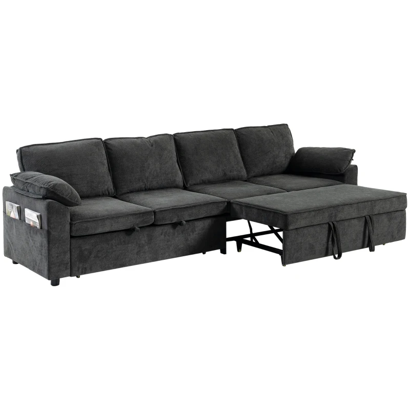 HOMCOM Sectional Sofa Bed, Double Pullout Sleeper Sofa Couch, Chenille Fabric, Dark Grey