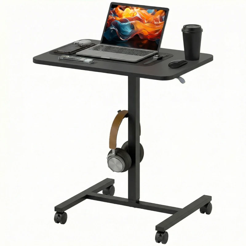 HOMCOM Height Adjustable Standing Desk, Pneumatic Sit Stand Desk with Wheels and Headphone Hook, Black Wood Grain