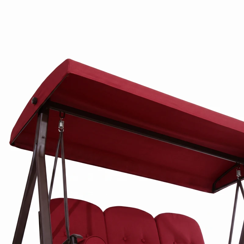 Outsunny Outdoor Patio 3-Person Steel Canopy Cushioned Seat Bench Swing with Included Side Trays & Padded Comfort, Wine Red
