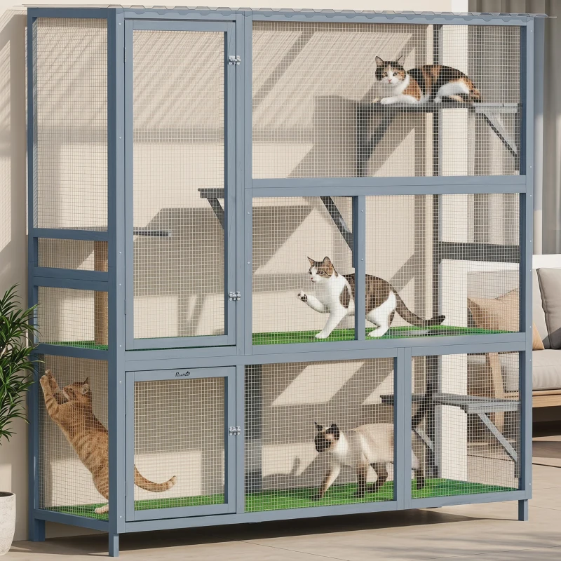 PawHut Catio Outdoor Cat Enclosure, 77" H Wooden Cat House with Weatherproof Roof, Platforms and Scratching Post