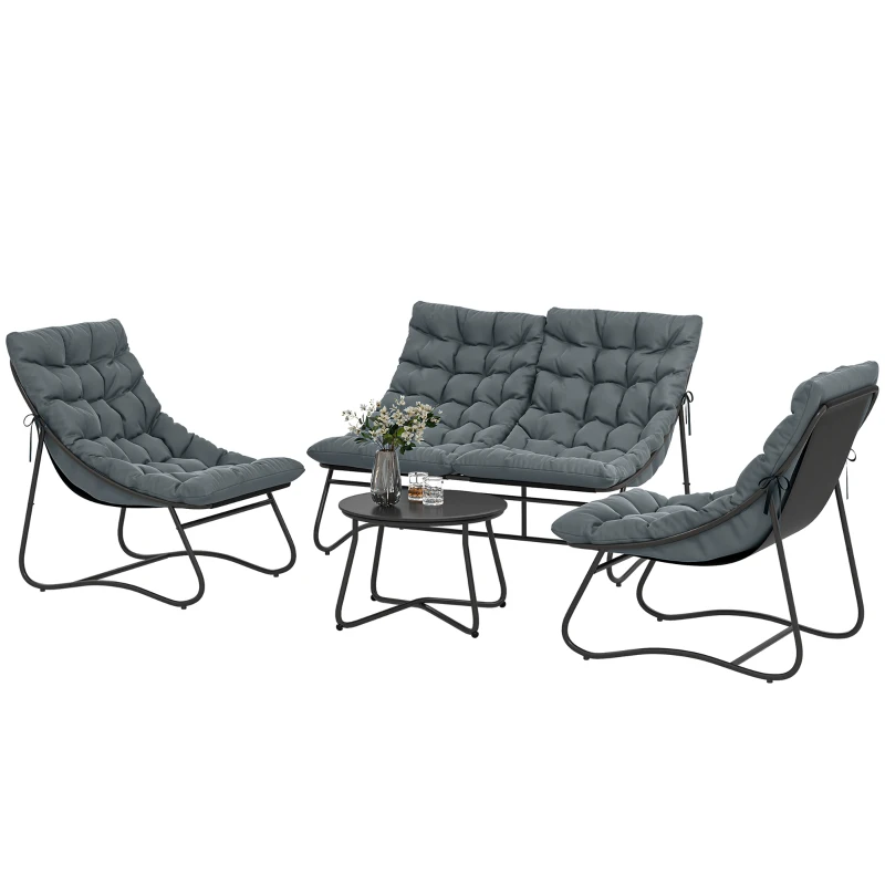 Outsunny 4 Piece Patio Furniture Set, Outdoor Furniture Conversation Set with Loveseat, Chairs Round Metal Table, Cushions, Grey