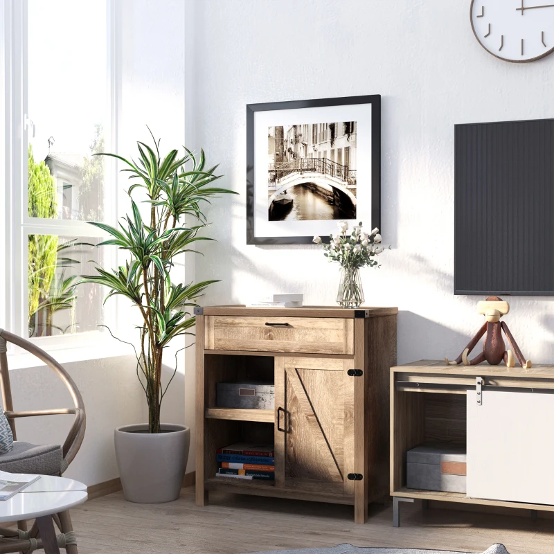 HOMCOM Farmhouse Sideboard Buffet Cabinet, Rustic Barn Door Kitchen Cabinet, Accent Cabinet with Storage for Living Room,Light Oak
