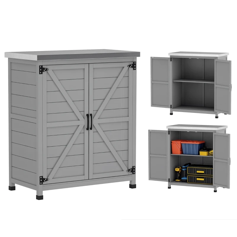 Outsunny Wooden Storage Cabinet, Outdoor Prep Table with Metal Tabletop, Shelves and Double Doors for Patio, Garden, Gray