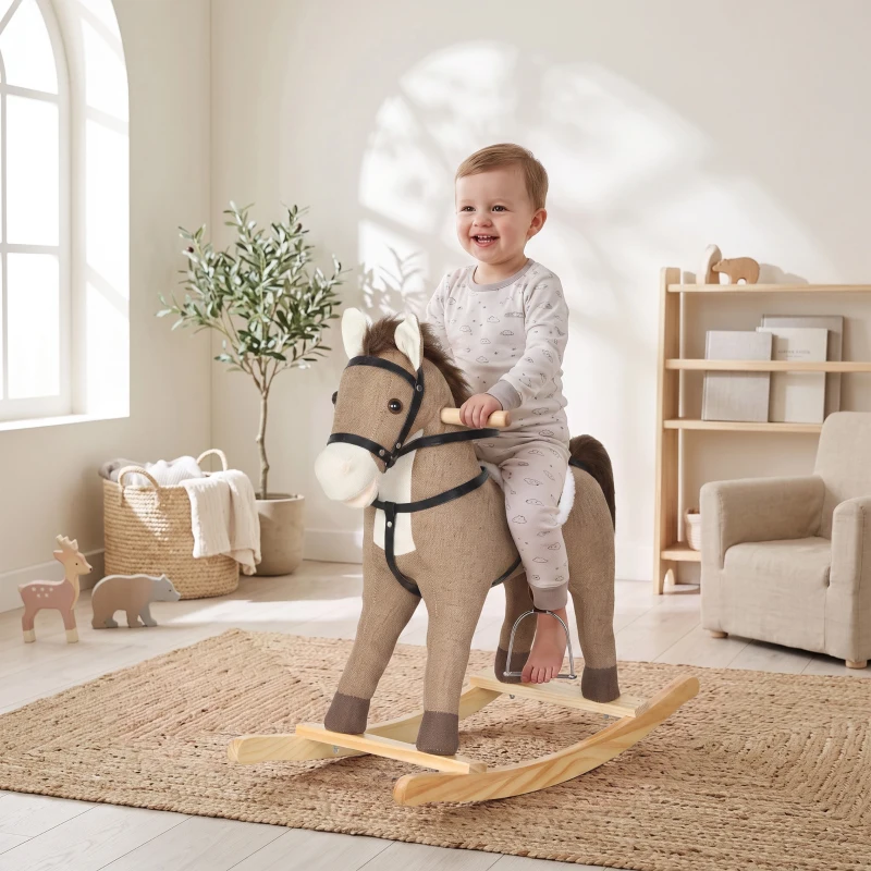 Qaba Rocking Horse, Back and Forth Rocking, Ride on Horse Toy with Sound Effects, for 12-36 Months Toddlers, Dark Brown