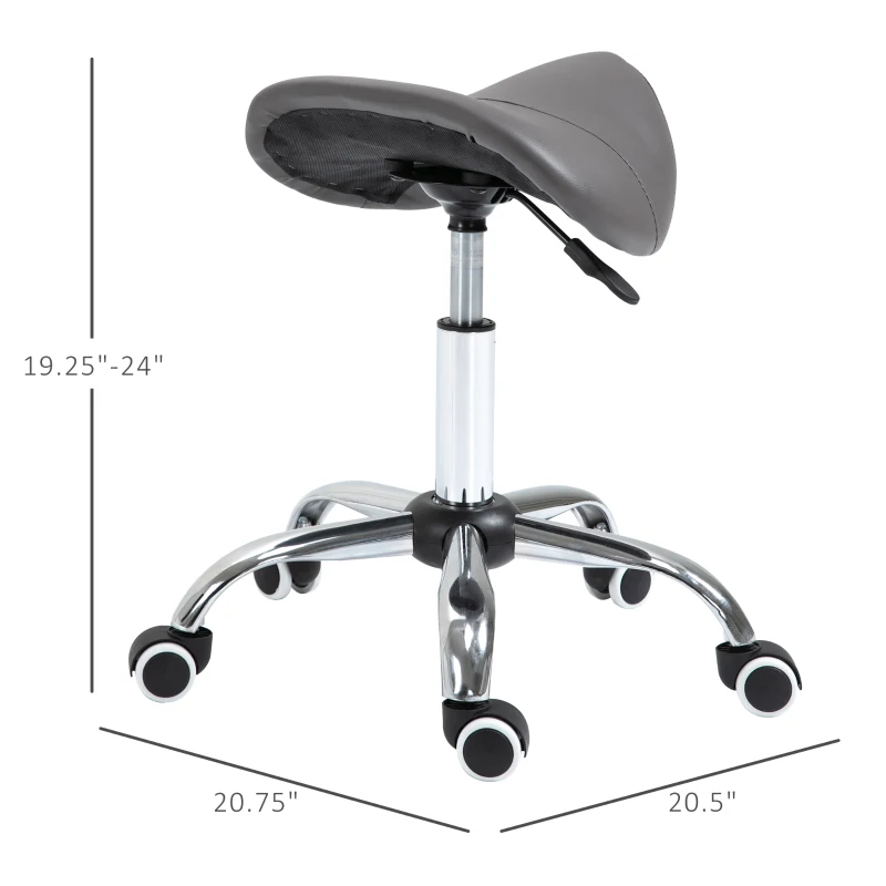 HOMCOM Ergonomic Rolling Saddle Stool PU Leather Hydraulic Spa Stool Height Adjustable Swivel Drafting Salon Chair, Gray