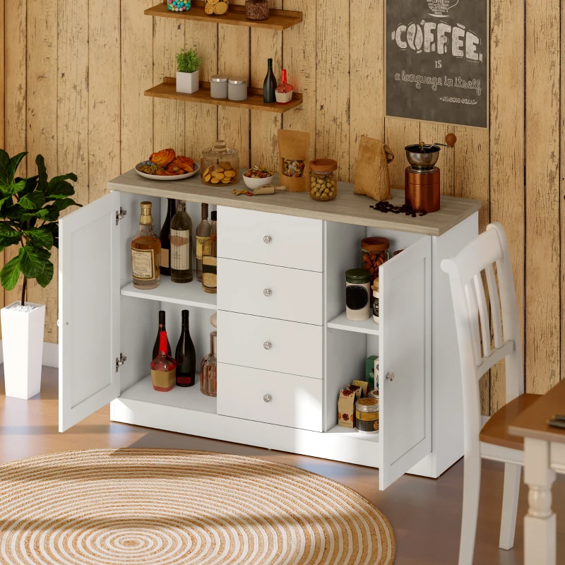 HOMCOM Country Style Sideboard Buffet Cabinet, Coffee Bar Cabinet with Adjustable Shelf, 2 Shaker Doors and 4 Drawers, White