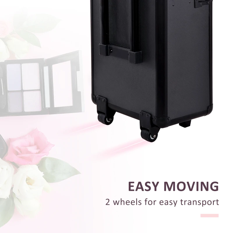 HOMCOM Pro 3 in 1 Portable Aluminum Makeup Train Cases Rolling Cosmetic Organizer Box, Black (Black)