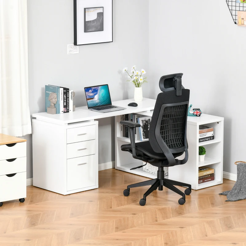 HOMCOM L-Shaped Computer Desk with Large Desktop, 3 Drawers and 5 Total Storage Shelves with Customized Assembly Options, White