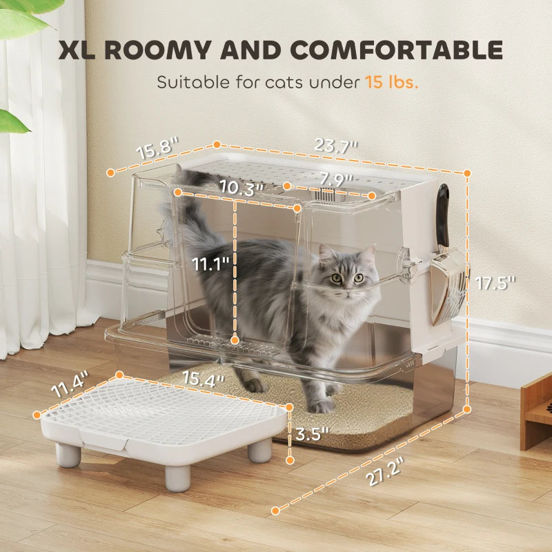 PawHut XL Stainless Steel Litter Box w/ 100° Flip Top, Scoop, Step, Top & Side Entry Enclosed Litter Box for Big Cats