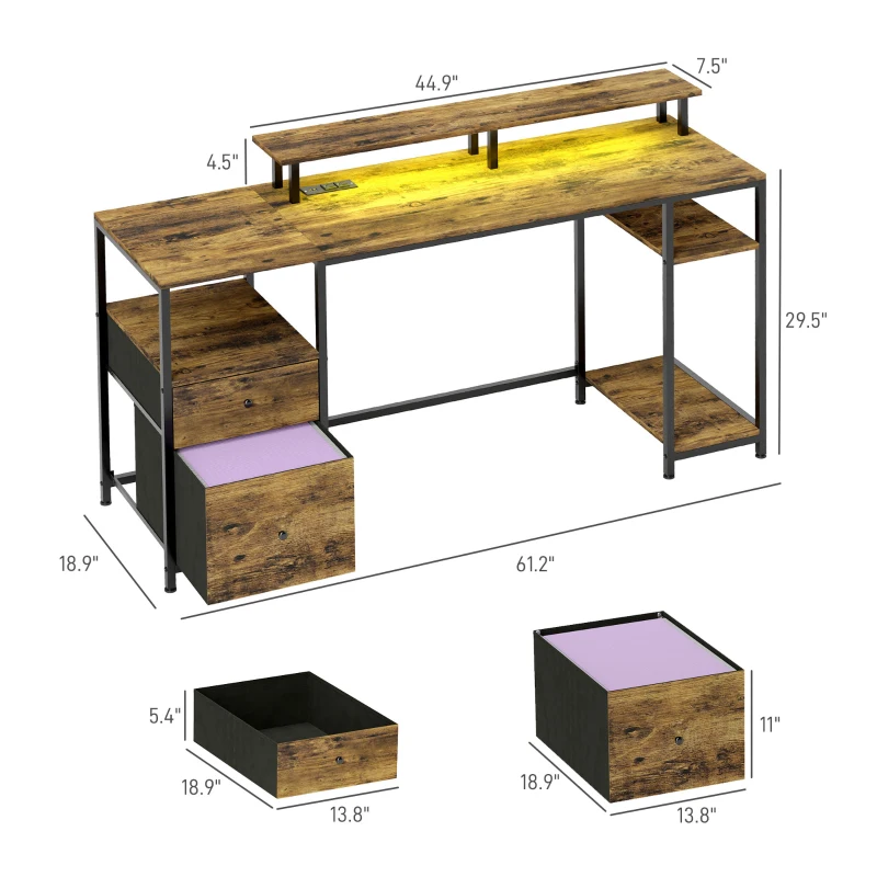 HOMCOM 61" Computer Table with LED Lights, PC Desk with Power Outlets, USB Ports, Storage, Wireless Remote, Rustic Brown