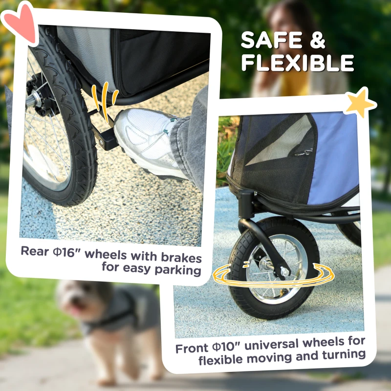 PawHut 3 Wheels Dog Stroller w/ One-Hand Fold, Rubber Wheels, Storage Bag, Soft Cushion, for Small & Medium Dogs, Blue
