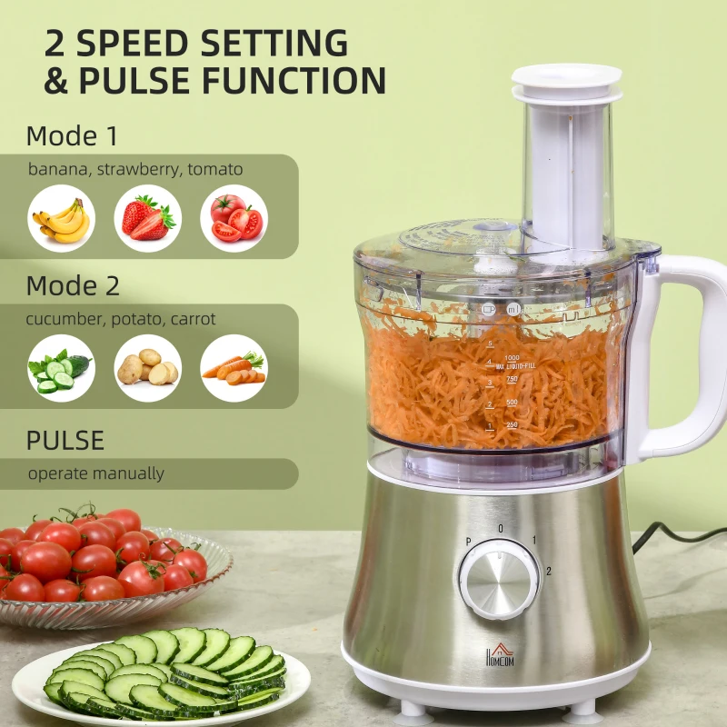 HOMCOM 2 in 1 Blender and Food Processor Combo for Chopping, Slicing, Shredding, Mincing and Pureeing for Vegetable, Meat and Nuts, 500W 5-Cup Bowl, 1.5L Blender Jug, 3 Blades and Adjustable Speed